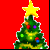 Animated Christmas tree icon with star, ornaments, and text transitions on red background.