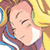 Pixelated close-up of a cartoon character with closed eyes, pink skin, and brown hair against a yellow background wearing a purple top with white and blue accents.