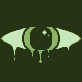 Pixelated green eye with dripping effects on dark background, featuring a crescent shape and small star-like dots inside the pupil.