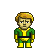 Pixelated character with brown hair, green and yellow outfit, black belt, neutral expression on gray background.