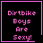 Four identical black square with pink borders display "Dirtbike Boys Are Sexy!" text, each has a distinct small symbol in the bottom-right corner