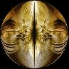 Circular icon with mirrored face design showing color shifts from gold to brown tones