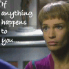 Split-screen image with two characters, one in purple top on left, one in blue top on right, with white text overlays on both sides.