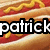 Hot dog with mustard and ketchup in a bun, overlaid with bold black-and-white text reading "patrick".