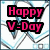 Pixelated graphic with pink text 'Happy V-Day' on black rectangular backgrounds over a white and blue abstract pattern.