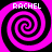 Four identical pink and black spiral patterns arranged in a , each with the word "RACHEL" in white pixelated text above it