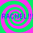 Four identical spiral patterns in green and pink with blue text reading RACHEL!!! RACHEL!!! overlaid across the image.