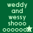Pixelated green and light-green icon with text 'weddy and wessy shoo' repeated, featuring a small house symbol above the last line of text.