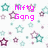 Pixelated static image with pink text 'Mifty Gang' centered over scattered star-shaped icons in teal and purple hues on white background.