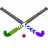 Two crossed hockey sticks with green and purple curved ends, a small red ball below them, on white background.