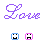 Animated contact sheet of a purple 'Love' text icon with changing face emojis across 9 frames, featuring blue and pink square faces in the lower section.