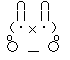 Pixelated bunny face with U-shaped ears, square eyes, X mouth, and floating bubble shapes on both sides.