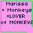 Four identical pink square with green borders display pixelated text reading "Marissa + Monkeys =LOVER of MONKEYS"; two show a small green heart symbol, one shows a green starburst symbol