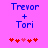 Pixelated text 'Trevor + Tori' in blue on pink background with red and pink heart icons below, two variations of heart arrangement.