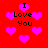 Red background with pink heart shapes and black text reading "I Love You" in multiple positions.
