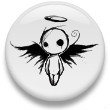 Black-and-white cartoon angel icon with large eyes, wings, halo, and tear-like marks on a glossy circular background.