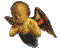 Pixelated angel icon with brown wings and golden body, shown in two sequential poses against gray background.
