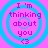Four identical circular icons with concentric blue rings on a pink background, each displaying purple text "I'm thinking about you <3".