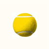 Five yellow tennis balls with white seams arranged in two on a white background, varying in size from small to large