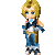 Pixel art character with blonde hair and blue eyes in a blue outfit, holding a sword-like object across multiple poses.