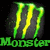 Pixelated green and yellow Monster Energy logo with dark background, featuring stylized 'M' shape above bold text.