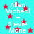Cyan background with red stars and white text reading "Allen Michael + Stevie Marie" repeated in a pattern