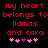 Red pixelated text on black background reads 'my heart belongs to llamas and cara' with pink hearts below, two versions differ in heart color sequence.