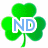 Green four-leaf clover with blue and white 'ND' text overlay; left version has white background behind text, right version has blue background behind text.
