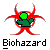 Pixelated green figure with red limbs and a bright green head, standing against gray background beneath "Biohazard" text.