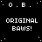 Black background with white pixelated text and dots, displaying 'O.B.' above 'ORIGINAL BAWS!' in multiple repeated