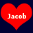 Two red heart shapes with white text 'Jacob' centered on each, set against a dark blue background.
