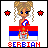 Pixel art of a blonde doll with blue eyes and red star icons, wearing a red-and-blue outfit over a Serbian flag background.