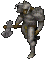 Pixelated armored figure with helmet and large axe, shown in multiple walking poses across a