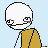Pixelated character with white head and brown shirt on light blue background, text fragments visible above.