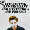 A static icon features a person with light brown curly hair wearing a dark jacket, positioned below bold text reading "INTERESTING AND BRILLIANT AND MYSTERIOUS AND PERFECT" with a small leafy branch graphic on the left.