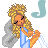 Pixel art animation of a cartoon woman with blonde hair and angel wings holding a musical note, shown in two frames with different note colors.