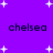 Purple background with white plus signs and four instances of the word 'chelsea' in dark pixelated text.