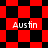 Red and black checkered pattern with four instances of the text 'Austin' in white, displayed across showing animation changes