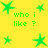 Yellow background with green pixelated stars and repeated green text 'who i like ?' in four quadrants.