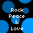 Pixelated blue circles on black background with white text "Rock Peace & Love" in four quadrants.