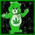 Green pixelated bear with cannabis leaf on chest stands against dark background, right arm raised; adjacent displays 'weed' text repeated three times in green block letters