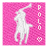 A pixelated pink square icon with a white polo player silhouette, vertical 'POLO' text, and heart symbol on the right side.
