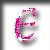 A pink pixelated letter E with white highlights, displayed in four positions against a light background