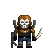 Pixel art character with brown hair, white skull mask, dark green sleeveless top, blue pants, and gray boots holding a sword and shield.