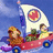 Pixelated image of a red vehicle with people and a sailboat on blue water, next to pink text on green background.