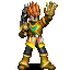 Pixelated character with fiery orange hair, green chest armor, yellow accents, black pants, and brown boots, raising right hand in a wave gesture against gray background.