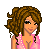 Pixel art contact sheet showing a female character in various poses with pink and blue clothing, heart symbols, and text elements.