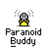 A 4x4 contact sheet of a pixel art animated icon showing a yellow stick figure with white head and arms, labeled "Paranoid Buddy" in all frames except two where text boxes read "THEY'RE" and "AFTER ME!".