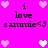 Pixelated icon with bright pink background, repeated text "i love samurie<3", and heart symbols in white and light pink.