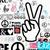 Pixelated static image showing a white hand with black outline making a peace sign, surrounded by scattered pixel clusters in gray, pink, blue, and red tones.